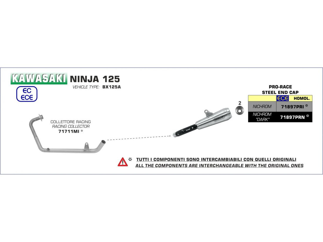 ZUGELASSENER PRO-RACE NICHROM-SCHALLDÄMPFER MIT GESCHWEISSTEM ANSCHLUSS KAWASAKI NINJA 125 '19 FÜR ORIGINAL- ODER ARROW-SAMMLER